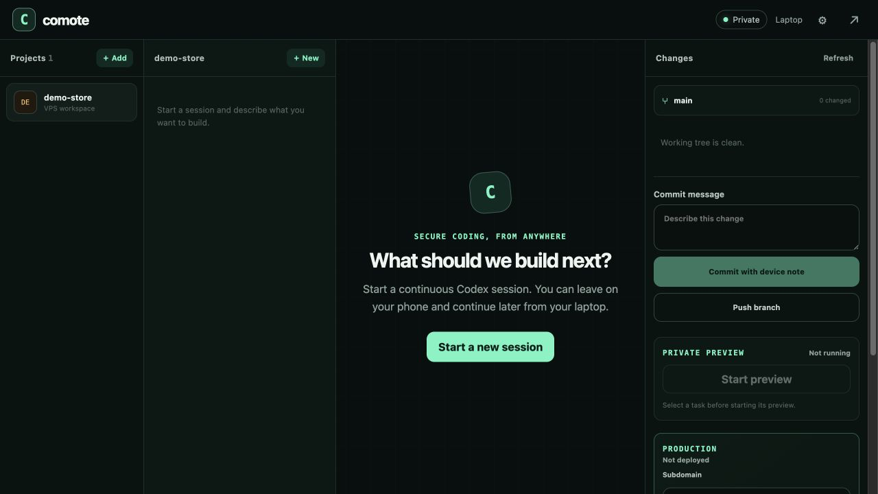 Dashboard Comote dengan daftar project, session, area chat, dan panel Changes