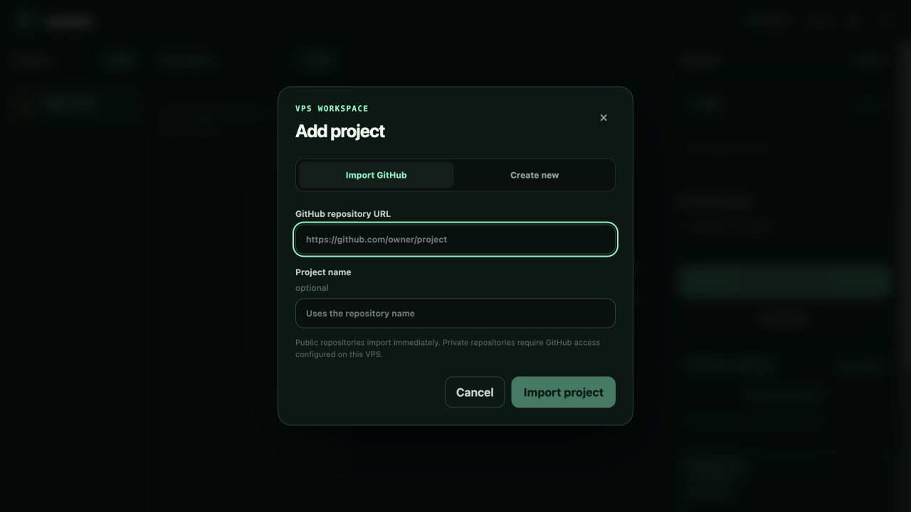 Dialog Add project pada Comote dengan tab Import GitHub dan Create new