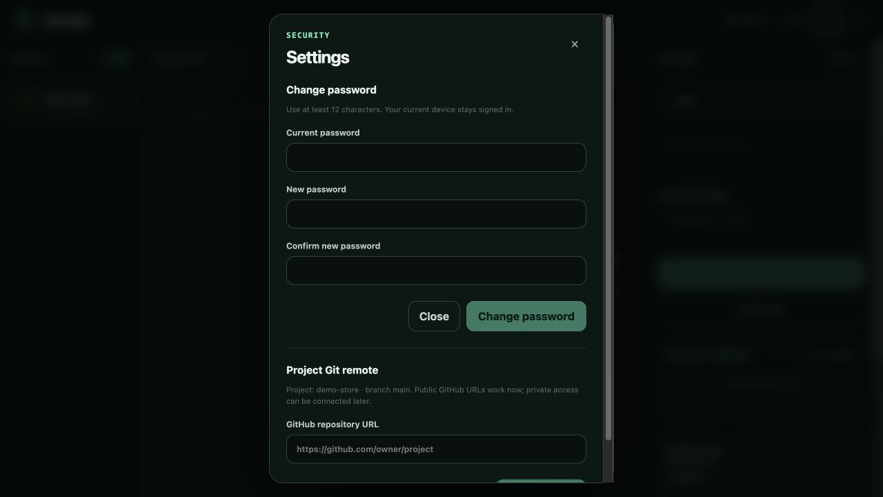 Settings Comote dengan bagian Project Git remote
