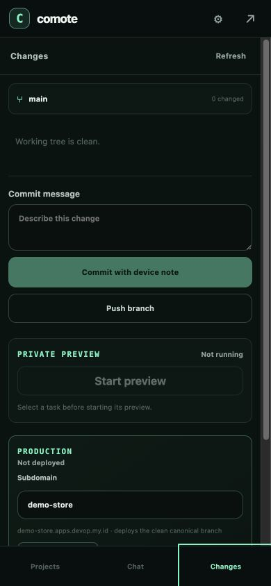 Panel Changes Comote pada layar handphone